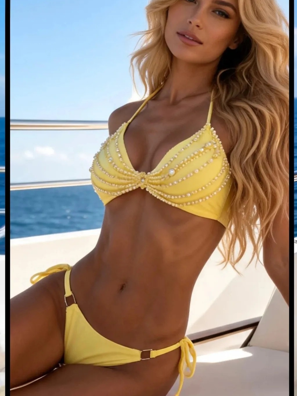 Yellow Pearl-Embellished Triangle Bikini Top & Tie-Side Bottoms+ Cover Up